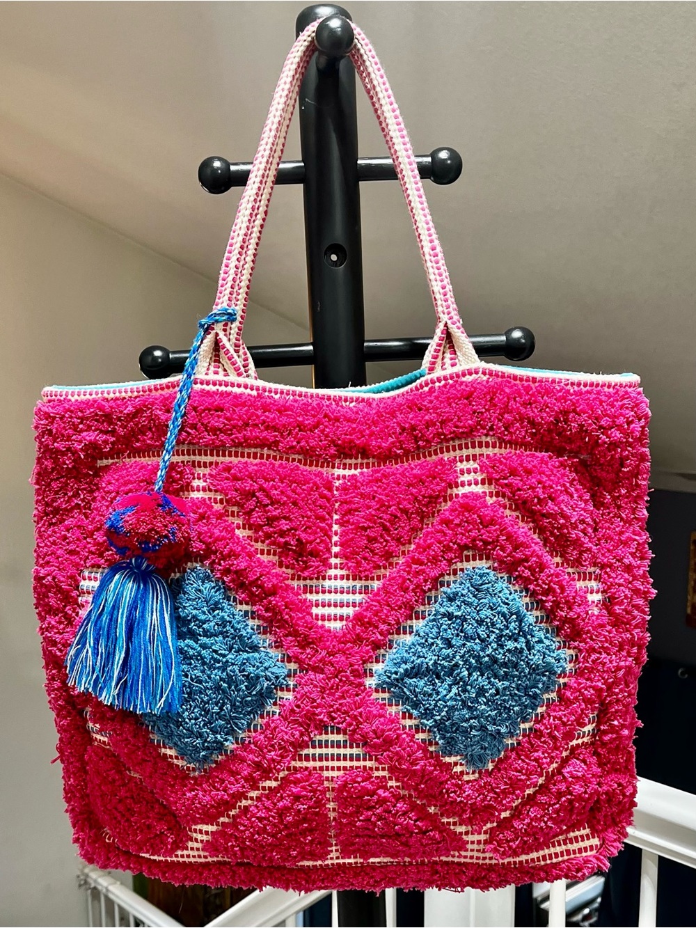 KATYDID Chenille Fabric Pink & Blue Tote Bag with Tassel Accent
